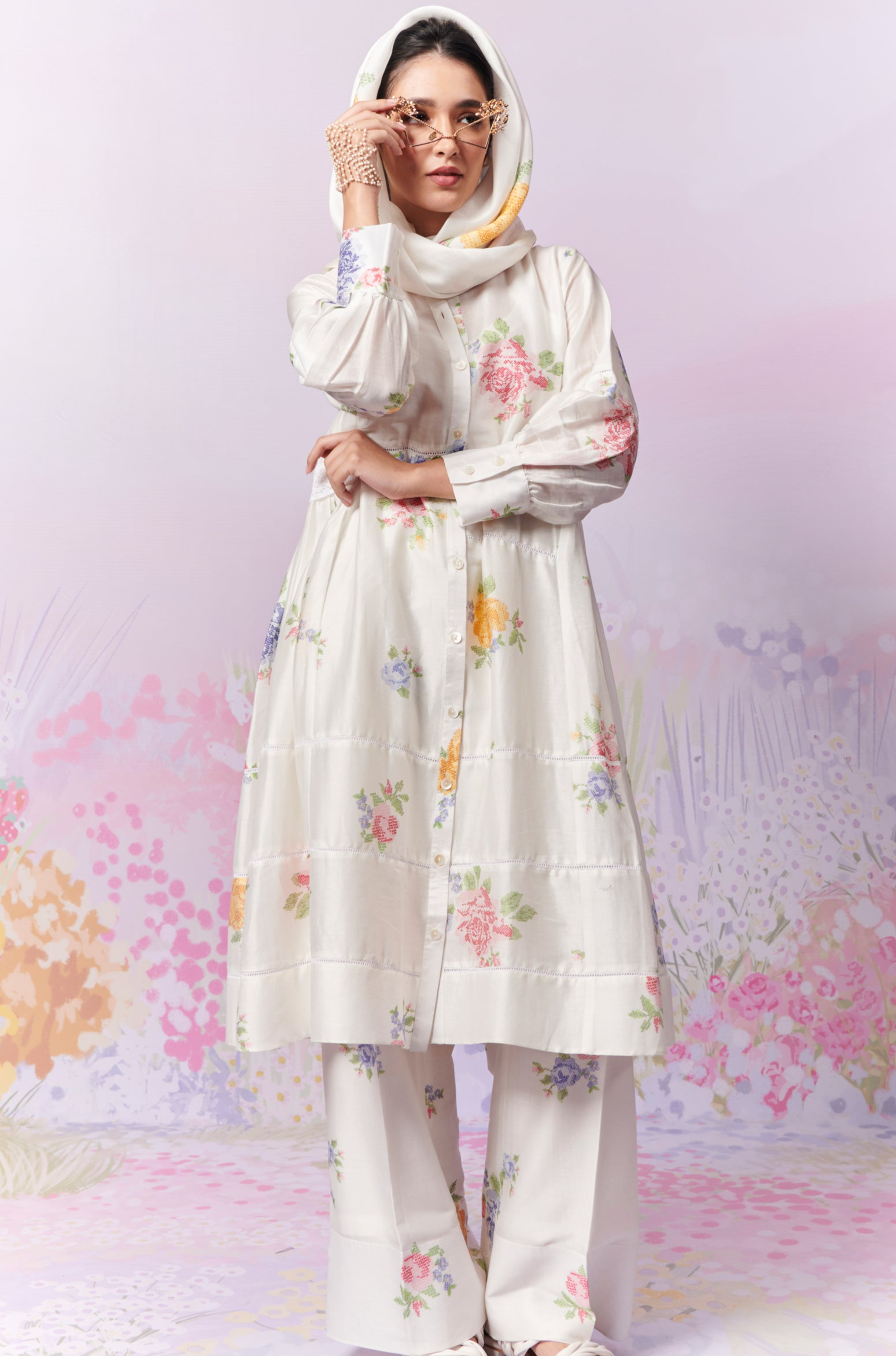 Summer Rose Kurta and trousers co-ord set with Scarf