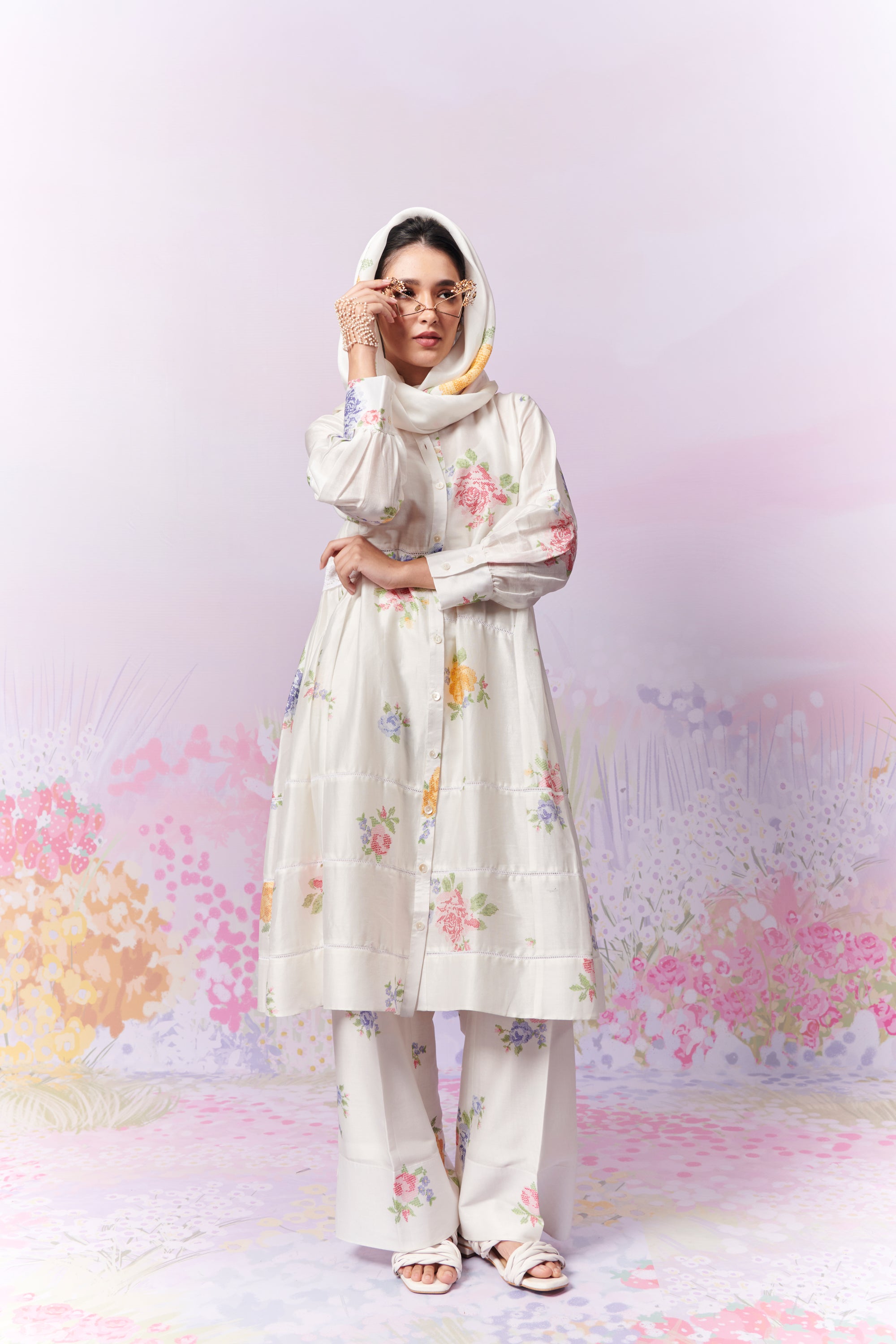 Summer Rose Kurta and trousers co-ord set with Scarf
